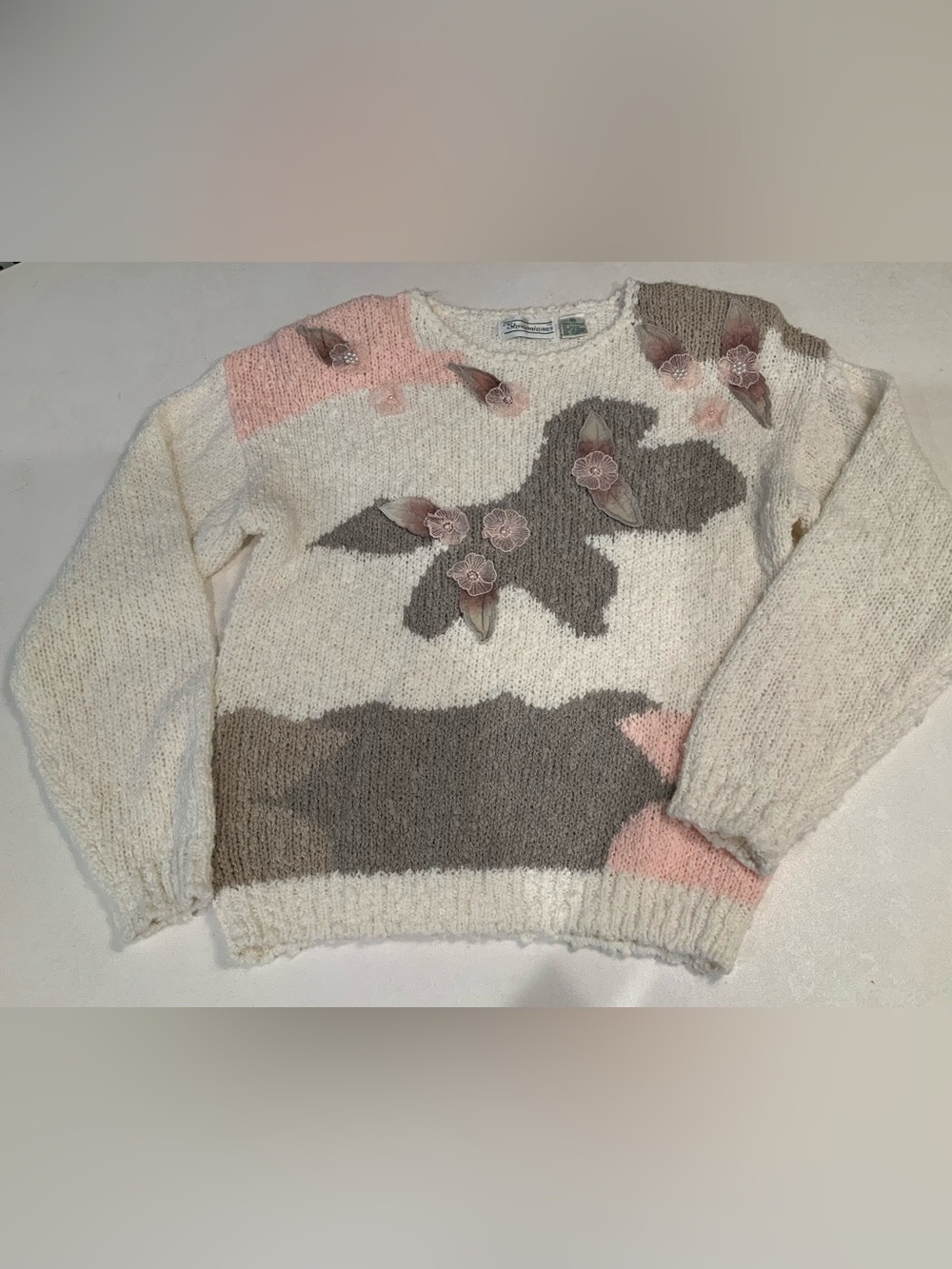 Vintage Shenanigans Cream Sweater M Embellished Lace Floral Appliqués